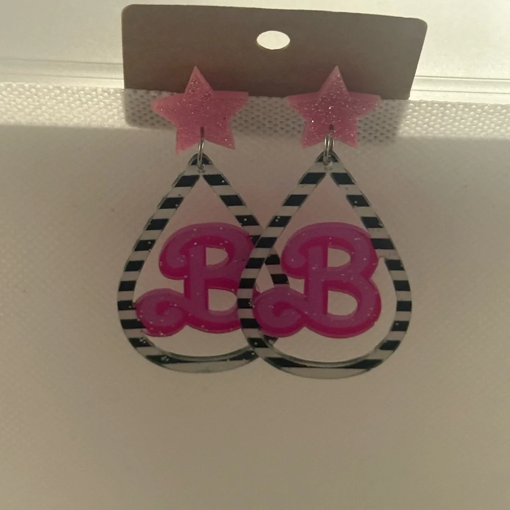 Glitter Acrylic Barbie B Earrings โ Pink Star & Striped Teardrop Dangle โ NWT - Picture 6 of 6